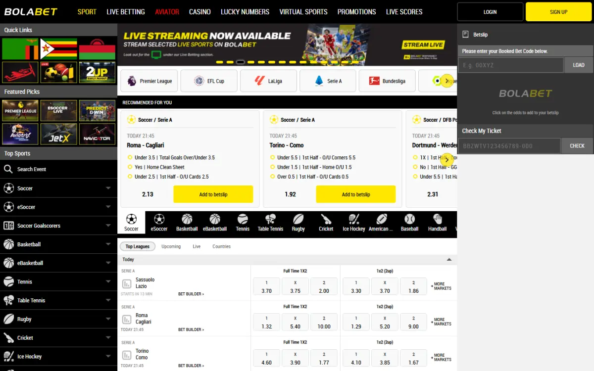 Screenshot of the Bolabet website home page