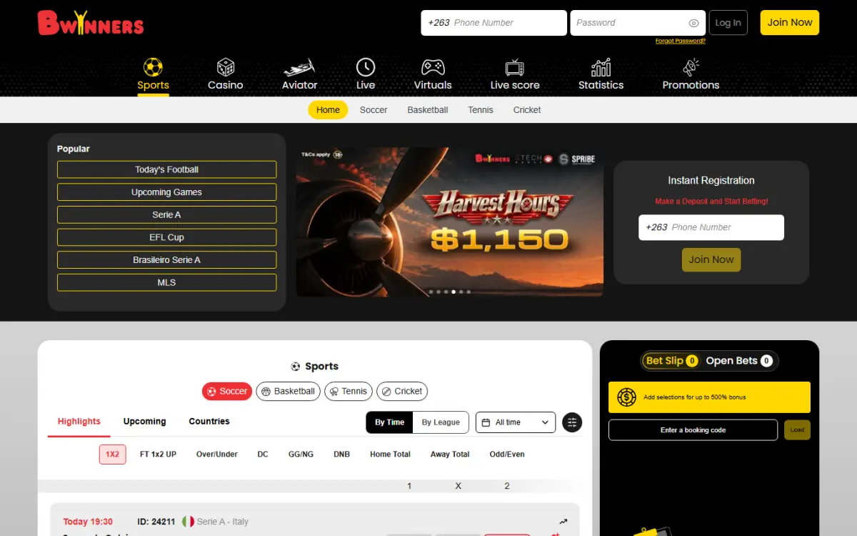 Screenshot of the Bwinners website home page