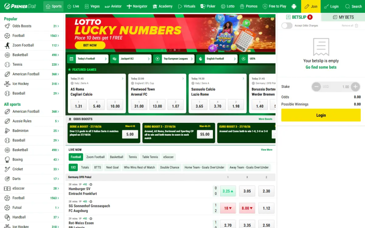 Screenshot of the Premier Bet Zimbabwe website home page