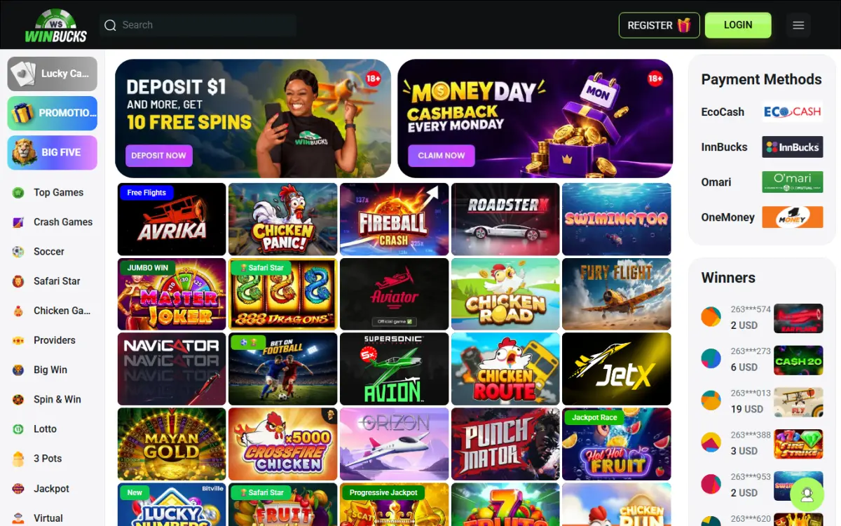 Screenshot of the WinBucks website home page